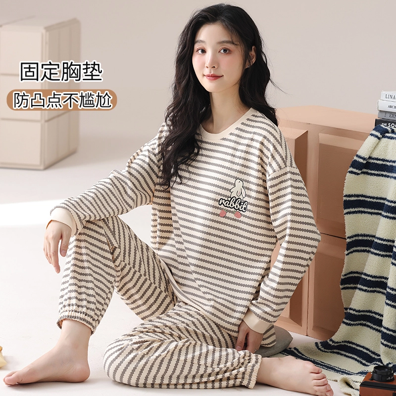 俏霓桐 条纹长袖套头带胸垫休闲舒适家居服睡衣套装 女 图色