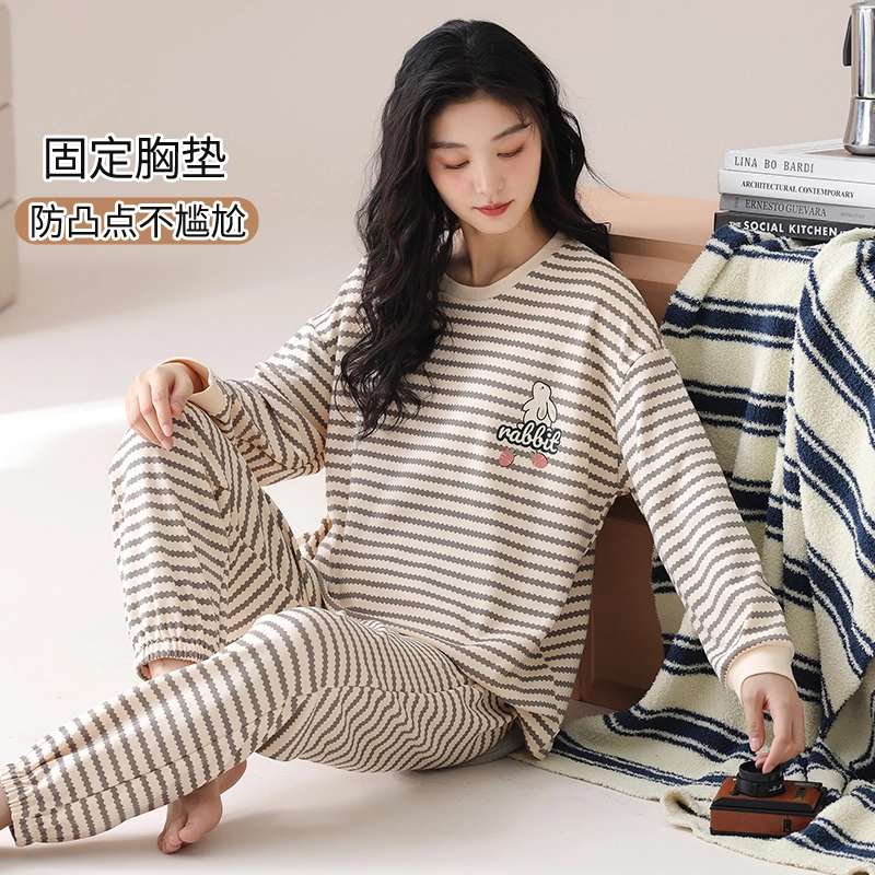 俏霓桐 条纹长袖套头带胸垫休闲舒适家居服睡衣套装 女 图色