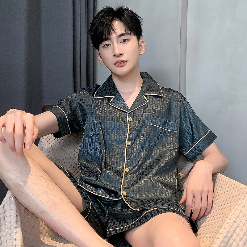 俏霓桐 冰丝休闲亲肤舒适短袖五分裤睡衣套装 男款 图色