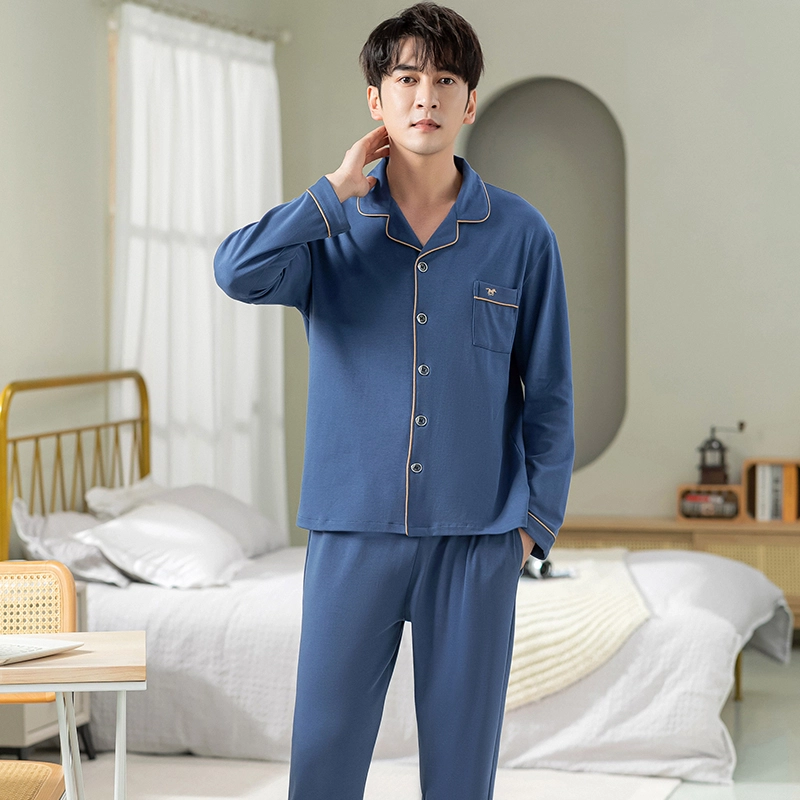 俏霓桐 纯色时尚青少年简约长袖长裤家居服睡衣套装 男款 图色
