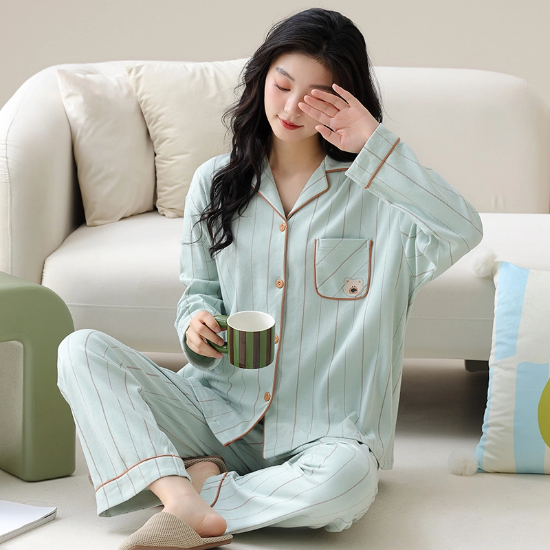 俏霓桐 纯色简约条纹开衫翻领休闲舒适居家可爱甜美小清新家居服睡衣套装 女 图色