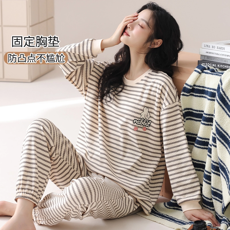 俏霓桐 条纹长袖套头带胸垫休闲舒适家居服睡衣套装 女 图色
