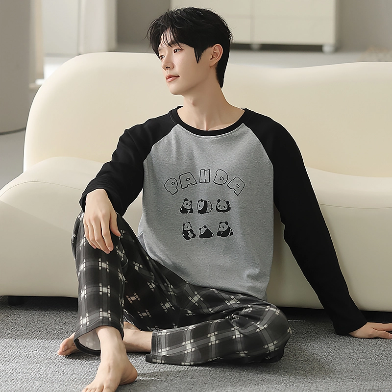 俏霓桐 卡通可爱熊猫纯棉长袖格子裤可外穿家居服睡衣套装 男款