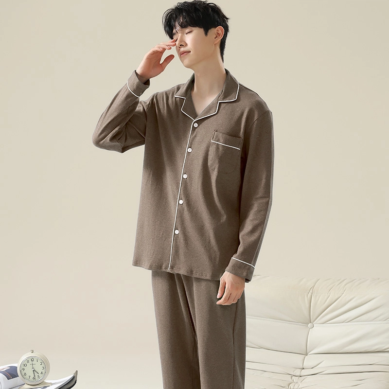 俏霓桐 纯棉青少年休闲纯色开衫长袖长裤可外穿亲肤家居服睡衣套装 男款 图色