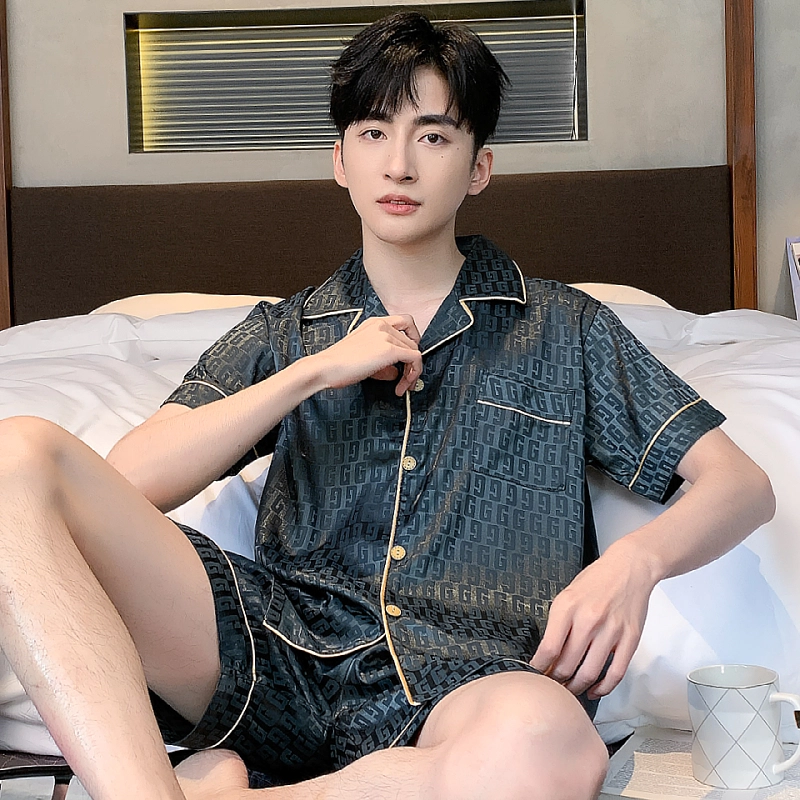 俏霓桐 冰丝休闲亲肤舒适短袖五分裤睡衣套装 男款 图色