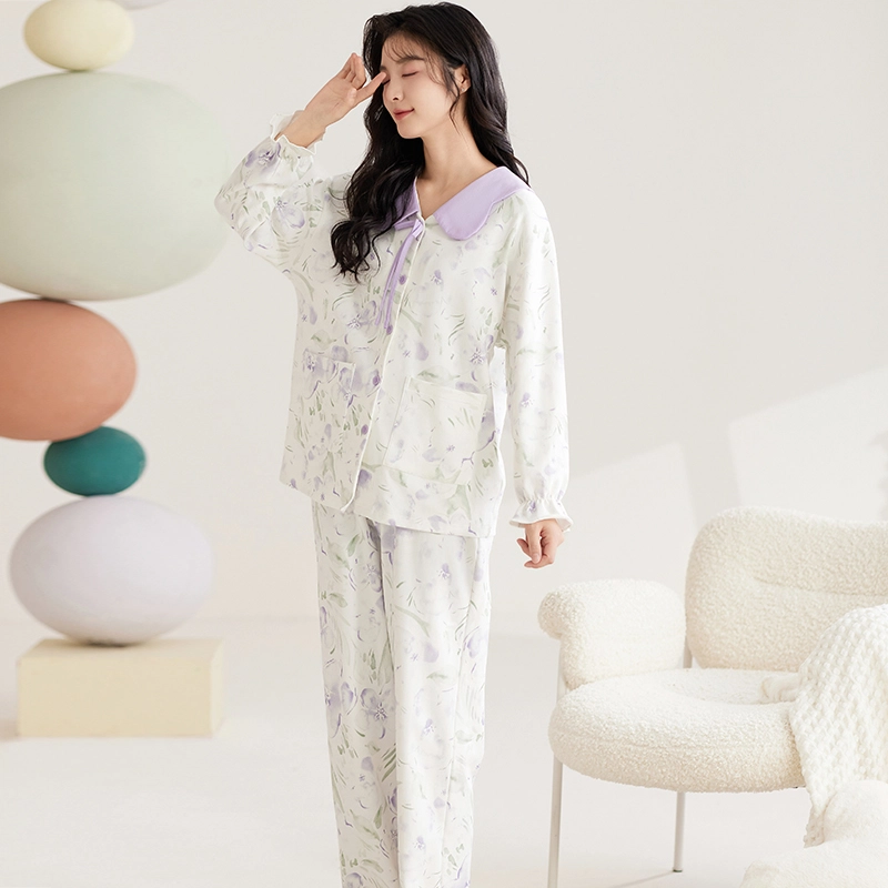 俏霓桐 可爱甜美舒适休闲开衫娃娃领长袖长裤睡衣套装 女 图色