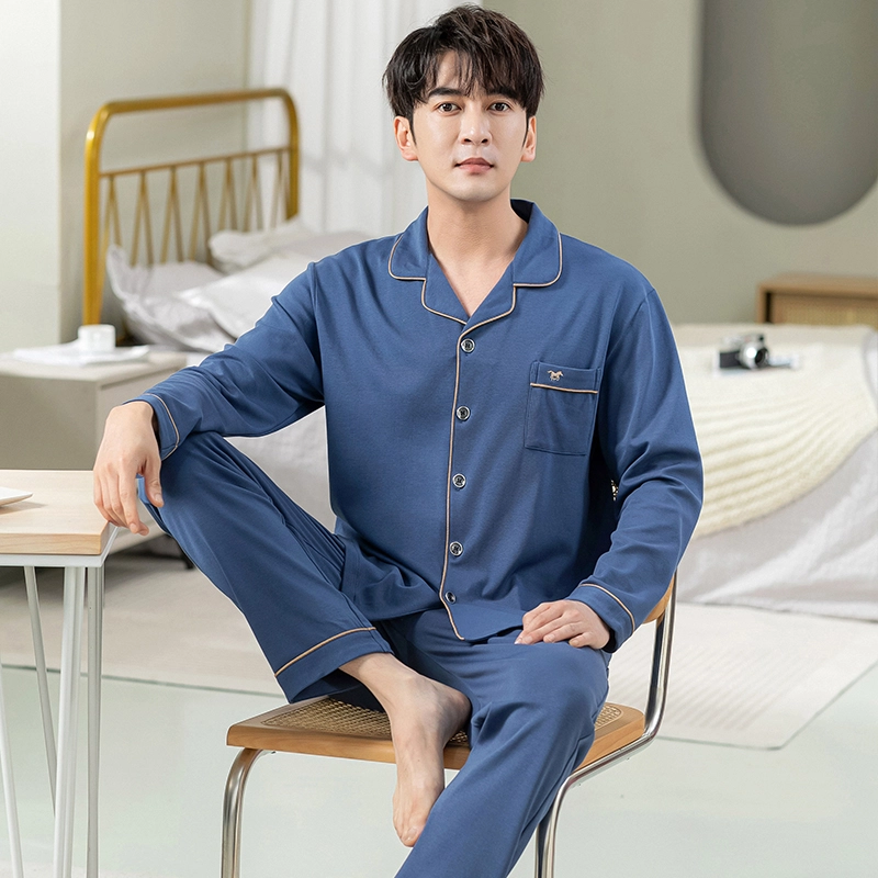 俏霓桐 纯色时尚青少年简约长袖长裤家居服睡衣套装 男款 图色