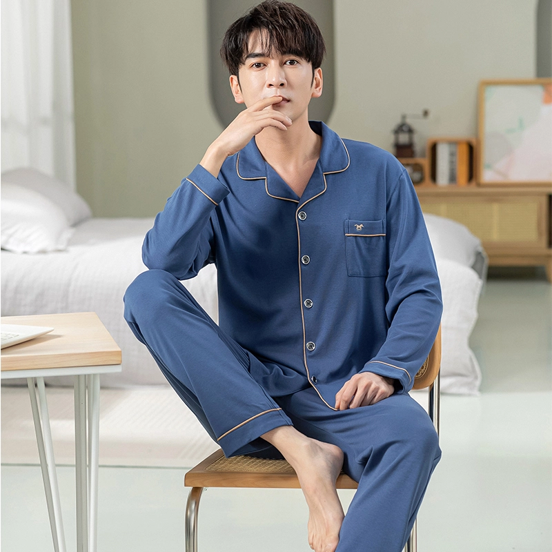 俏霓桐 纯色时尚青少年简约长袖长裤家居服睡衣套装 男款 图色