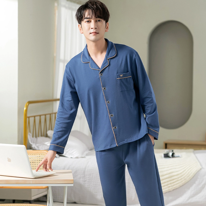俏霓桐 纯色时尚青少年简约长袖长裤家居服睡衣套装 男款 图色