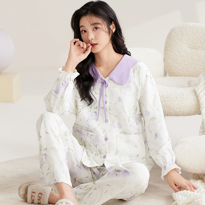俏霓桐 可爱甜美舒适休闲开衫娃娃领长袖长裤睡衣套装 女 图色