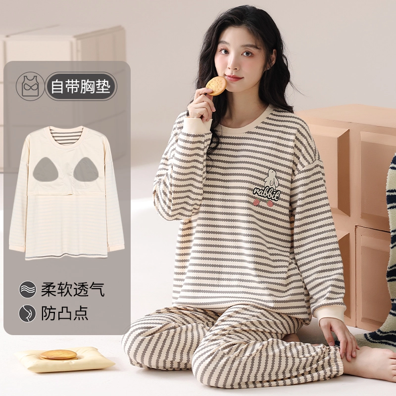 俏霓桐 条纹长袖套头带胸垫休闲舒适家居服睡衣套装 女 图色