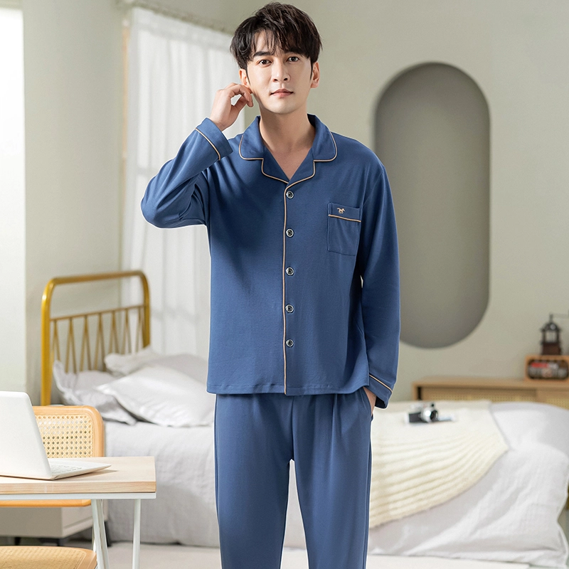 俏霓桐 纯色时尚青少年简约长袖长裤家居服睡衣套装 男款 图色