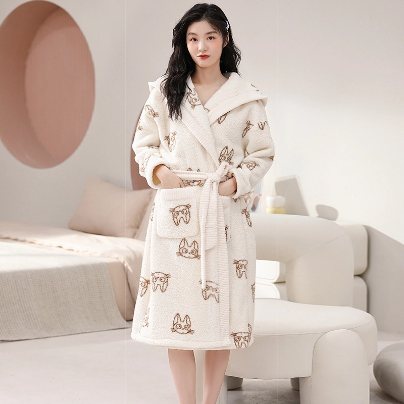 俏霓桐 简约可爱亲肤舒适开衫卡通甜美保暖长袖睡袍/浴袍 女款 图色