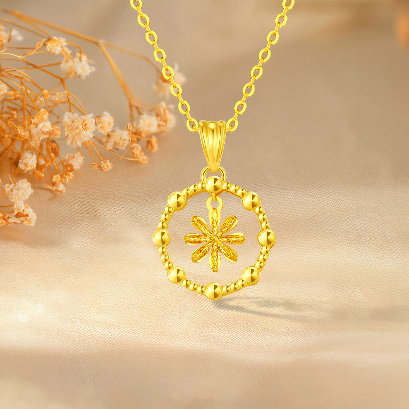 中国黄金 珍·如金 繁花似锦 清新甜美个性雪花圆环 足金 按克计价 黄金项链 女款