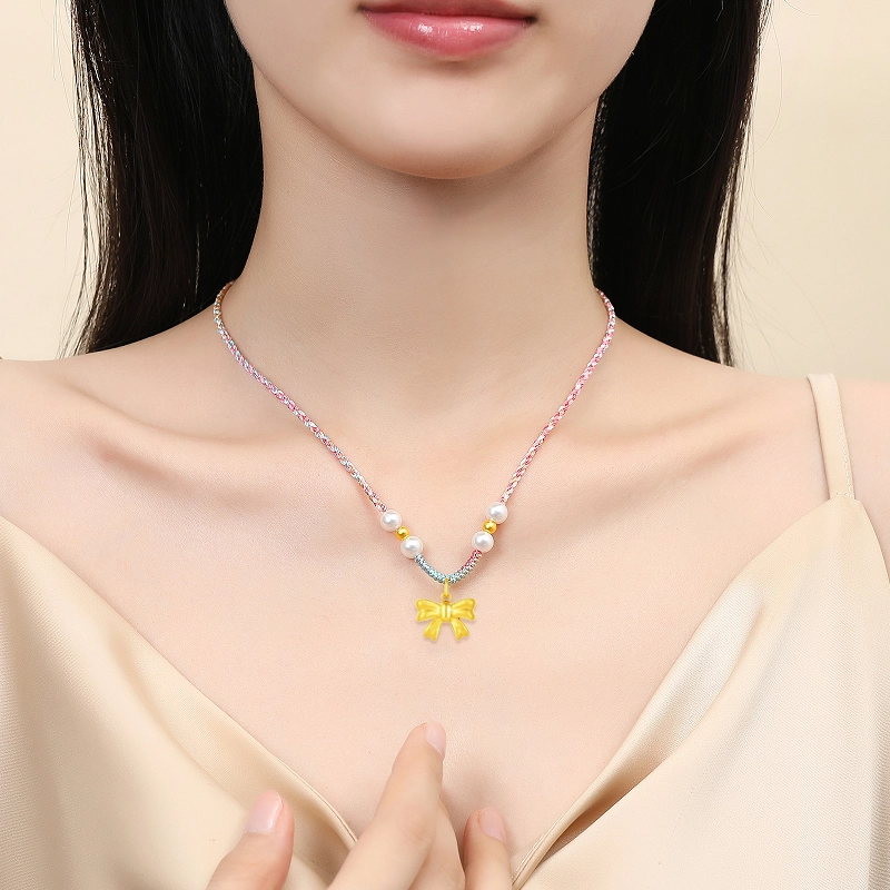 中国黄金 珍·如金 铃铛蝴蝶结 甜美渐变编绳 足金 一口价 黄金项链 女款