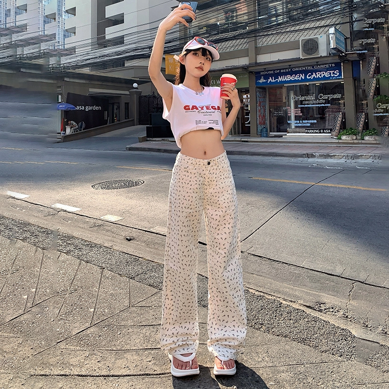 玉儿恋 韩版印花复古碎花小众设计感宽松百搭阔腿垂感直筒高腰拉链韩系窄版显瘦减龄牛仔裤 女款 白色