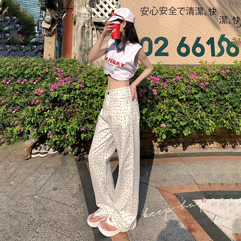 玉儿恋 韩版印花复古碎花小众设计感宽松百搭阔腿垂感直筒高腰拉链韩系窄版显瘦减龄牛仔裤 女款 白色