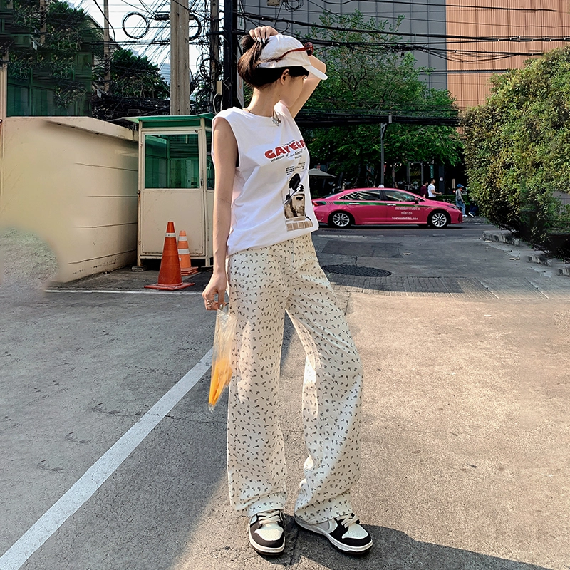 玉儿恋 韩版印花复古碎花小众设计感宽松百搭阔腿垂感直筒高腰拉链韩系窄版显瘦减龄牛仔裤 女款 白色