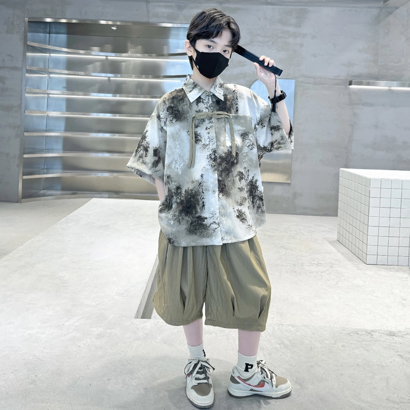 熊猫圆圆 男童新中式复古水墨画套装 儿童款