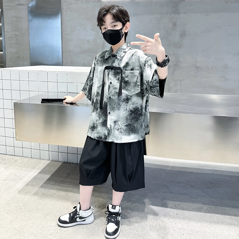 熊猫圆圆 男童新中式复古水墨画套装 儿童款