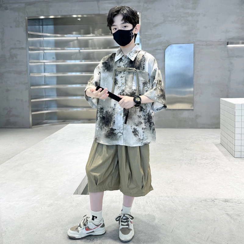 熊猫圆圆 男童新中式复古水墨画套装 儿童款