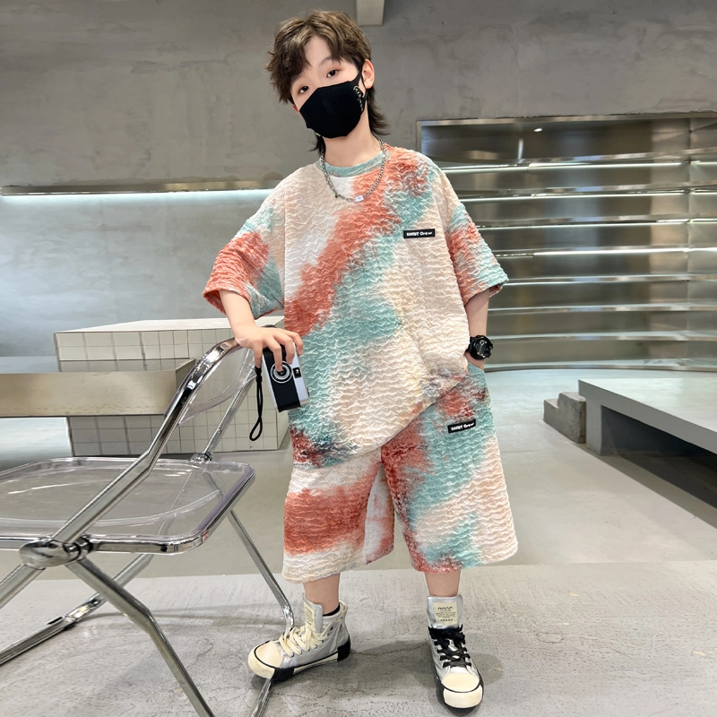 熊猫圆圆 夏季新款男中大童韩版扎染宝宝洋气针织休闲扎染短袖短裤套装 儿童款