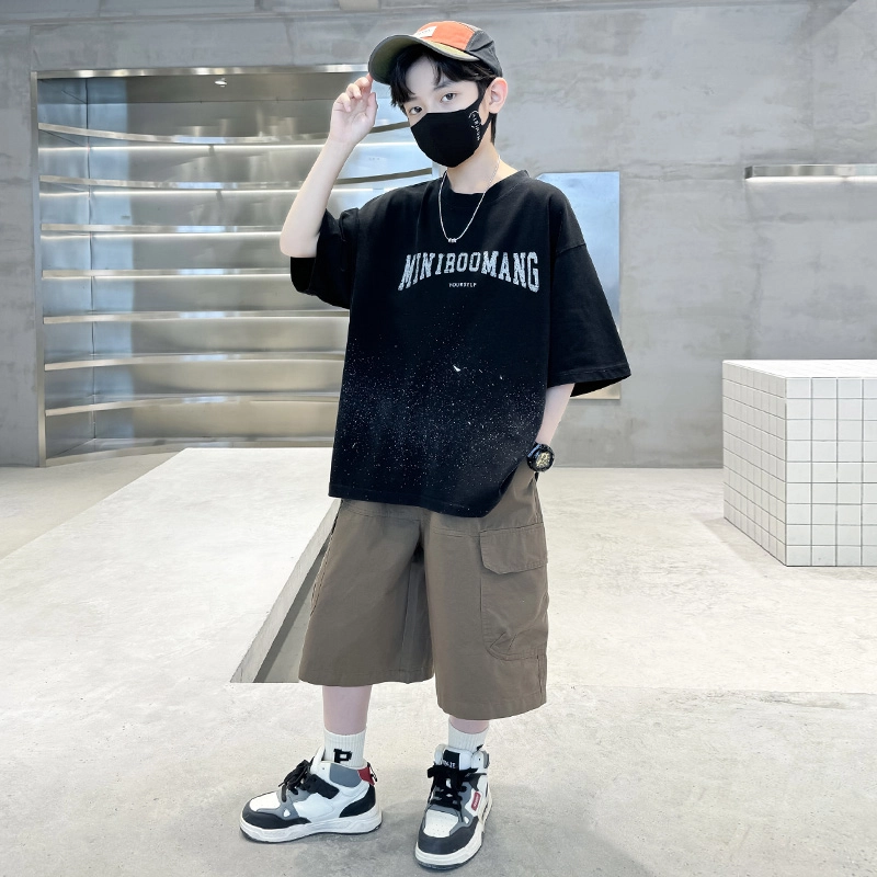 熊猫圆圆 男童印花字母甩点短袖休闲套装 儿童款