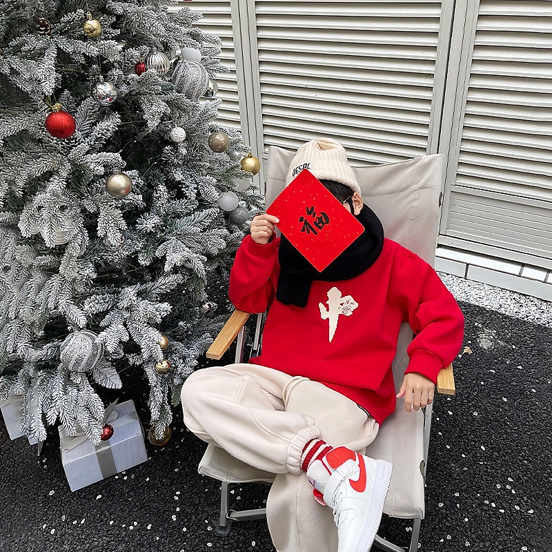 熊猫圆圆 童装 男童加绒卫衣秋冬新款童装中大童时尚国潮中国风新年红男孩一体绒加厚上衣