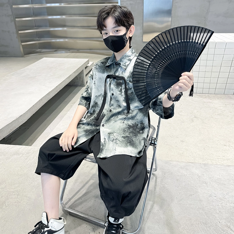 熊猫圆圆 男童新中式复古水墨画套装 儿童款