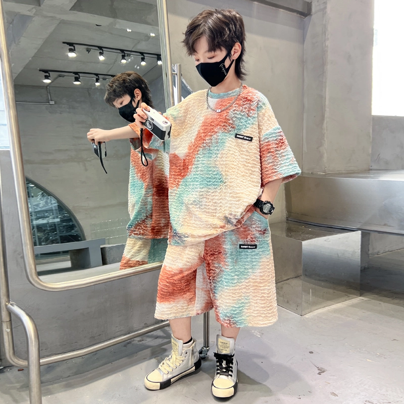 熊猫圆圆 夏季新款男中大童韩版扎染宝宝洋气针织休闲扎染短袖短裤套装 儿童款