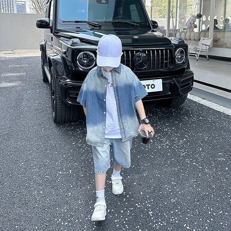 熊猫圆圆 男童夏装渐变牛仔衬衫中裤套装 儿童款