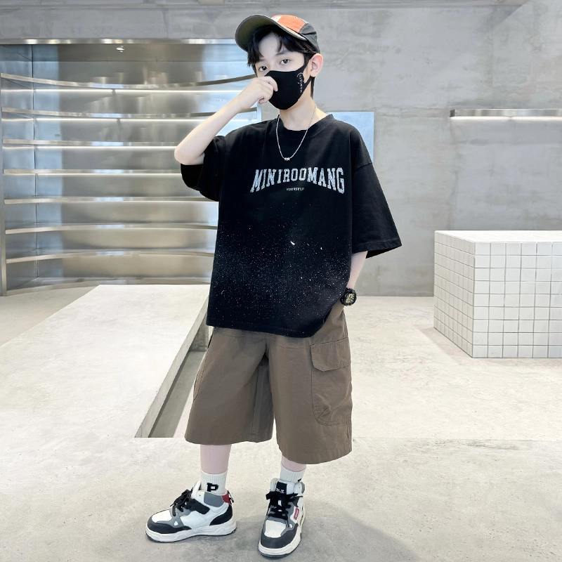 熊猫圆圆 男童印花字母甩点短袖休闲套装 儿童款