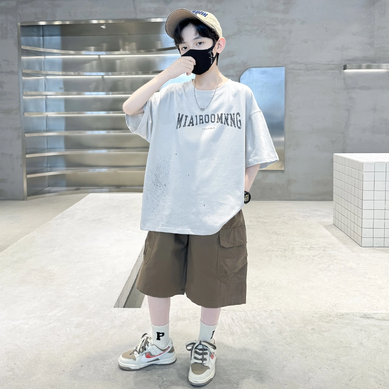熊猫圆圆 男童印花字母甩点短袖休闲套装 儿童款