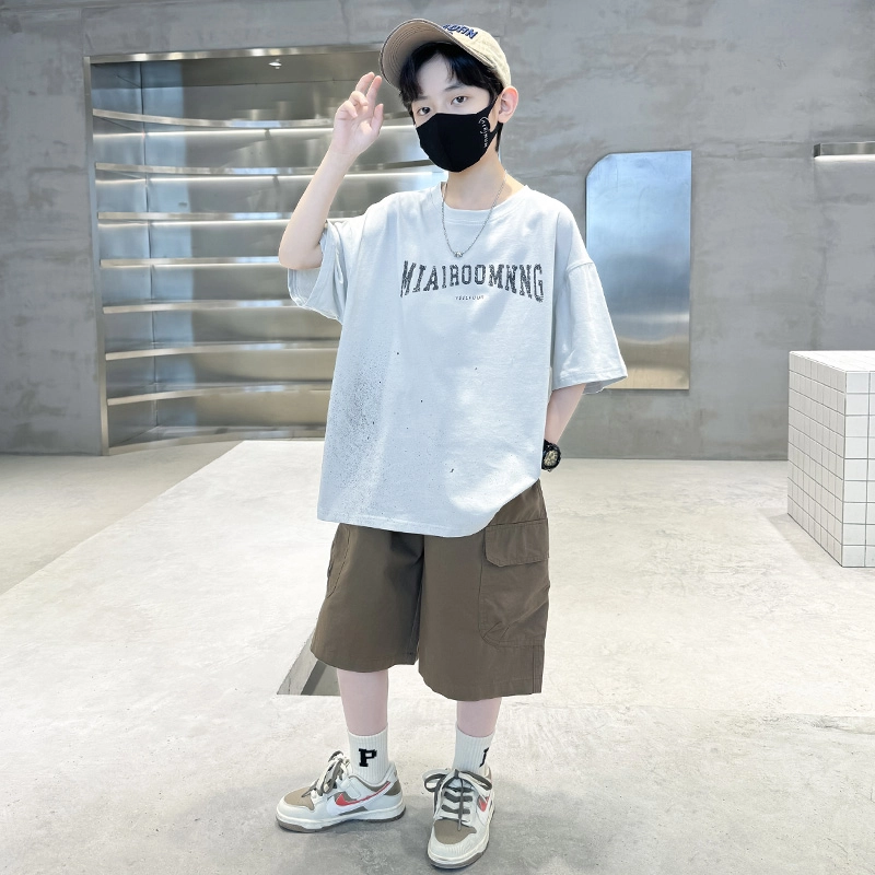 熊猫圆圆 男童印花字母甩点短袖休闲套装 儿童款