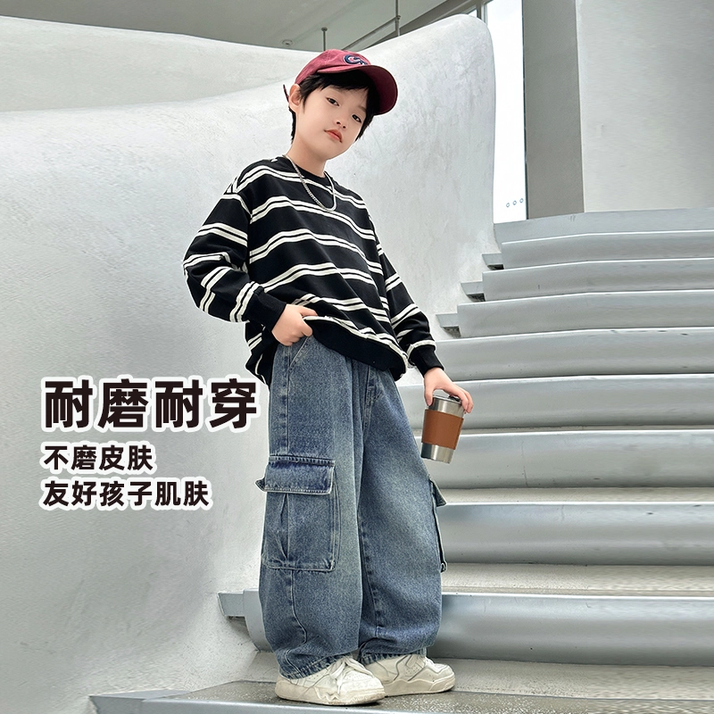 熊猫圆圆 男童时尚帅气印花字母大口袋宽松工装牛仔裤 儿童款
