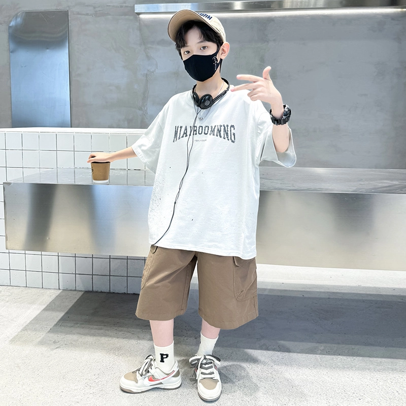 熊猫圆圆 男童印花字母甩点短袖休闲套装 儿童款