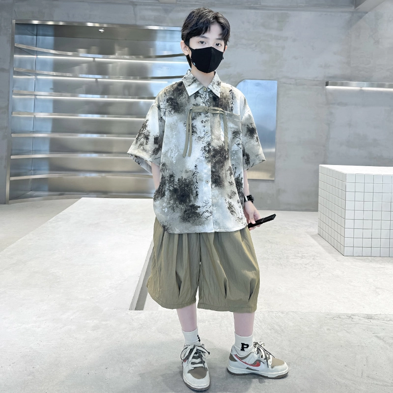 熊猫圆圆 男童新中式复古水墨画套装 儿童款