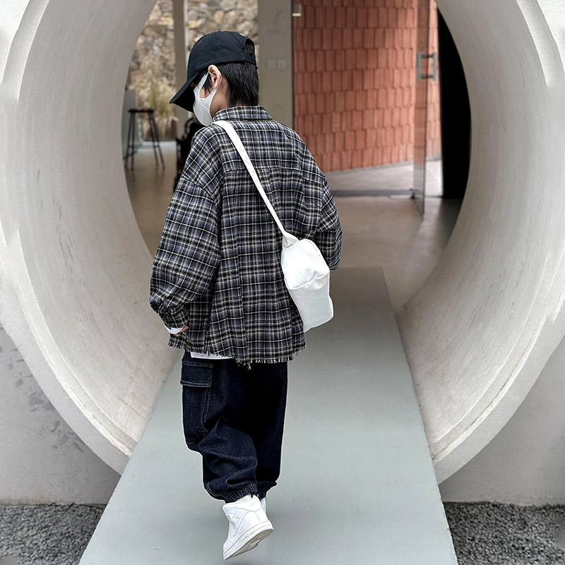 熊猫圆圆 童装 男童长袖衬衫春秋款中大童休闲开衫格子上衣男孩秋装潮牌