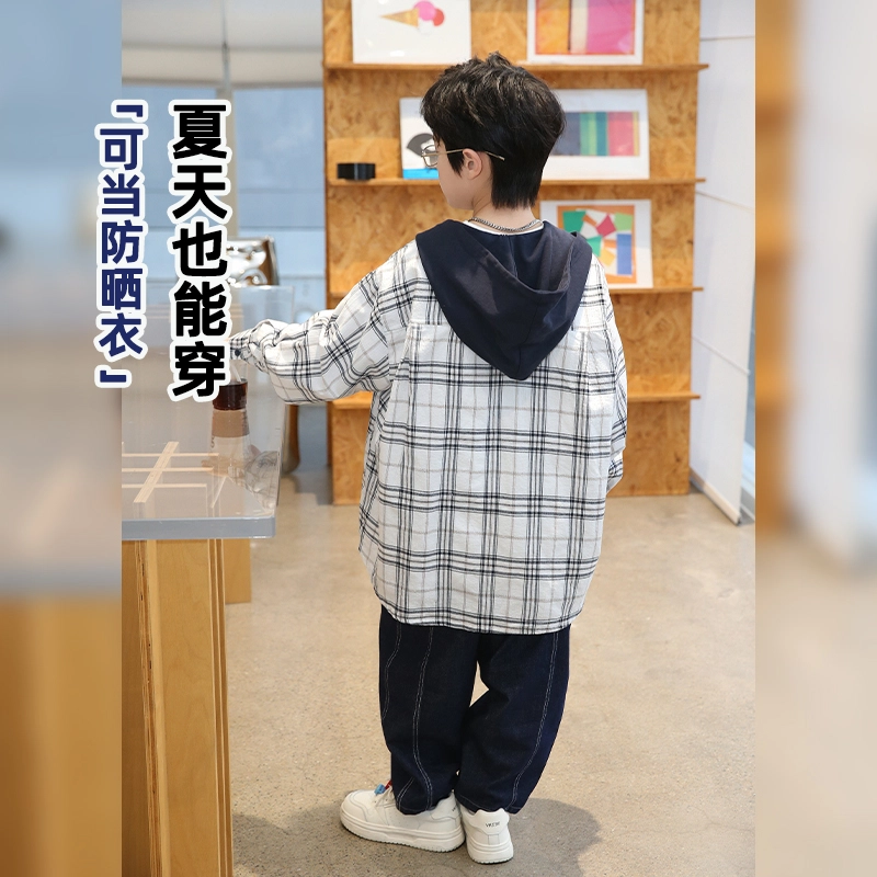 熊猫圆圆衬衫 舒适时尚帅气撞色连帽格子长袖 白蓝格 儿童款