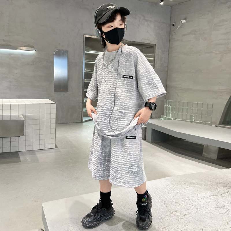 熊猫圆圆 夏季新款男中大童韩版扎染宝宝洋气针织休闲扎染短袖短裤套装 儿童款