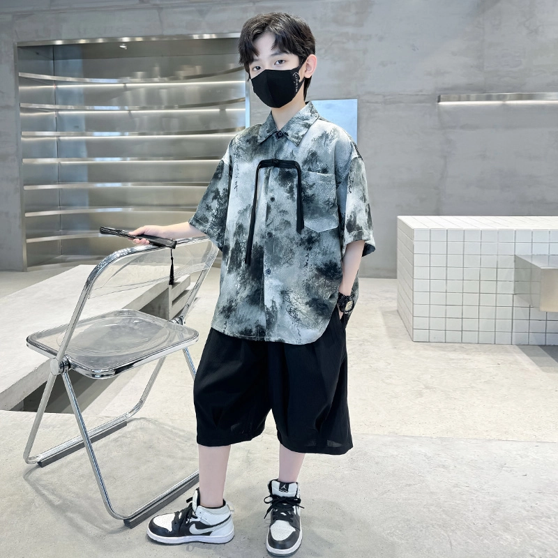 熊猫圆圆 男童新中式复古水墨画套装 儿童款