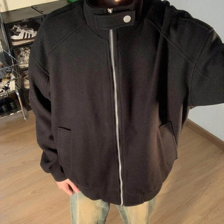 虫小绿 美式高街解构拼接小众设计毛呢纯色外套秋冬季基础款立领宽松休闲百搭舒适通勤开衫卫衣教练行政飞行员夹克 男女同款