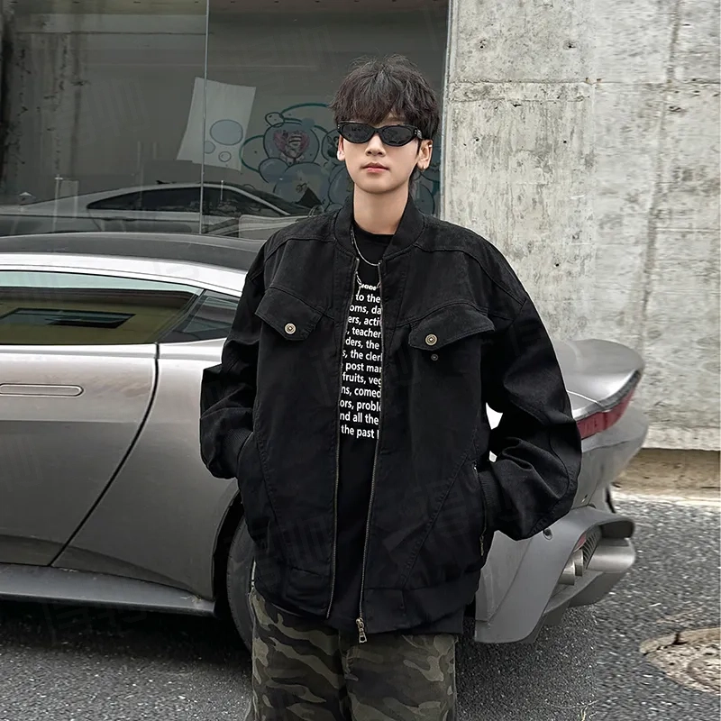 虫小绿 美式复古工装潮牌做旧宽松休闲痞帅棒球领拉链夹克 男女同款