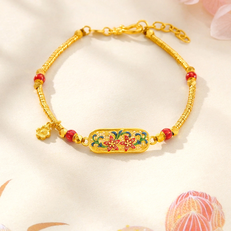 六福珠宝 福满传家百合花黄金碎金子手饰 足金 按克计价 手链 女款 赠粉色小香风首饰盒