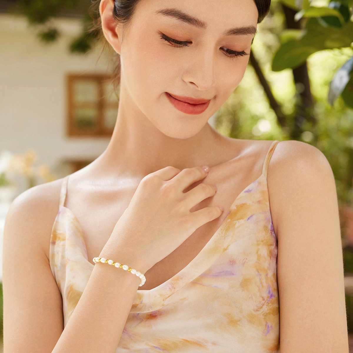 六福珠宝 硬金珠子 足金淡水 珍珠 一口价 黄金手串 女款