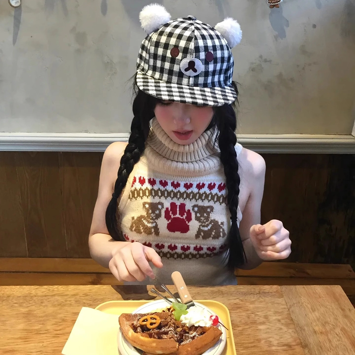 黑白格纹小熊可爱大头围显脸小春夏户外运动休闲遮阳防晒帽 优质纯棉材质 时尚鸭舌帽 男女同款情侣款