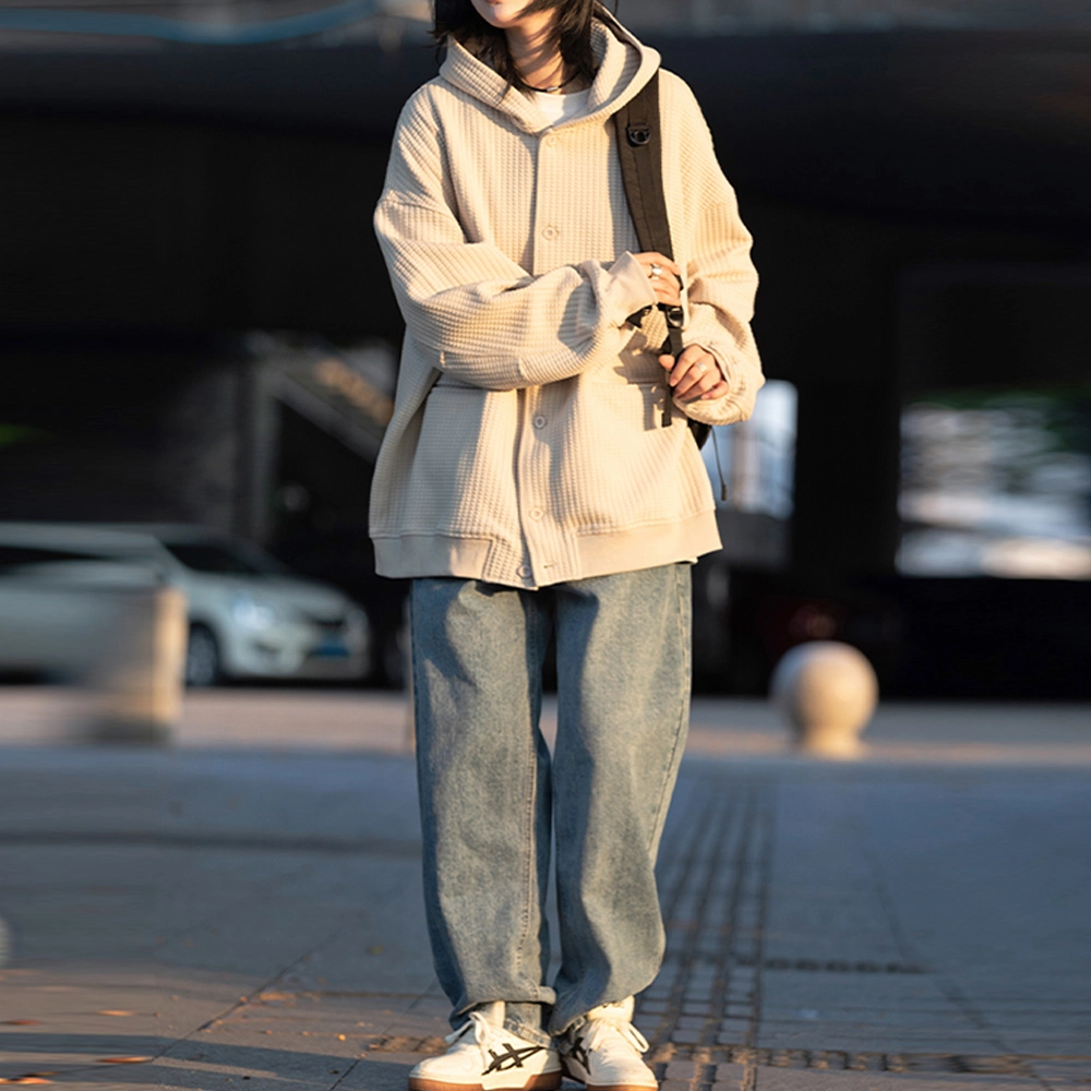 寻星记 华夫格慵懒风美式日系复古连帽开衫宽松百搭舒适外套卫衣 男女同款