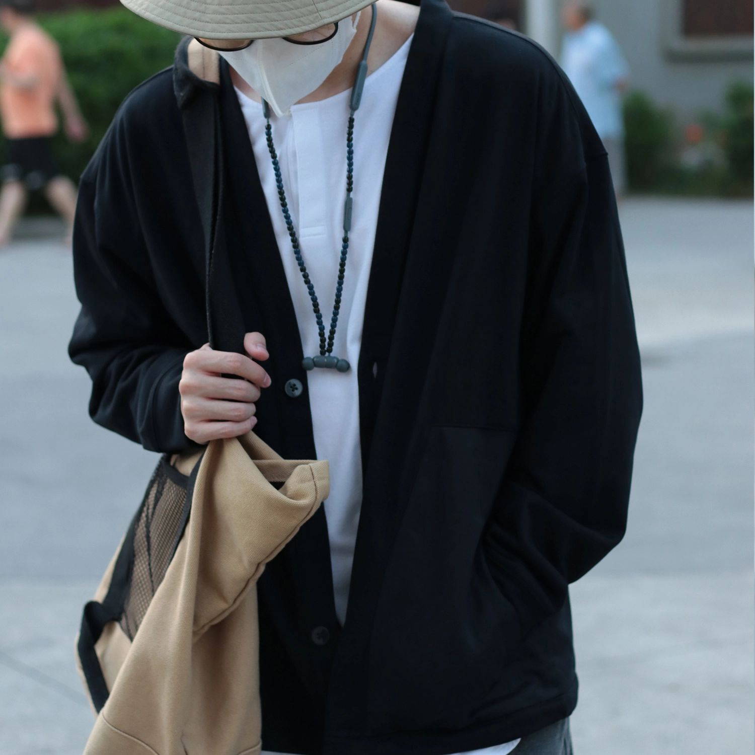 几朴 日系纯色大口袋长袖卫衣开襟外套春秋设计款 男女同款 黑色