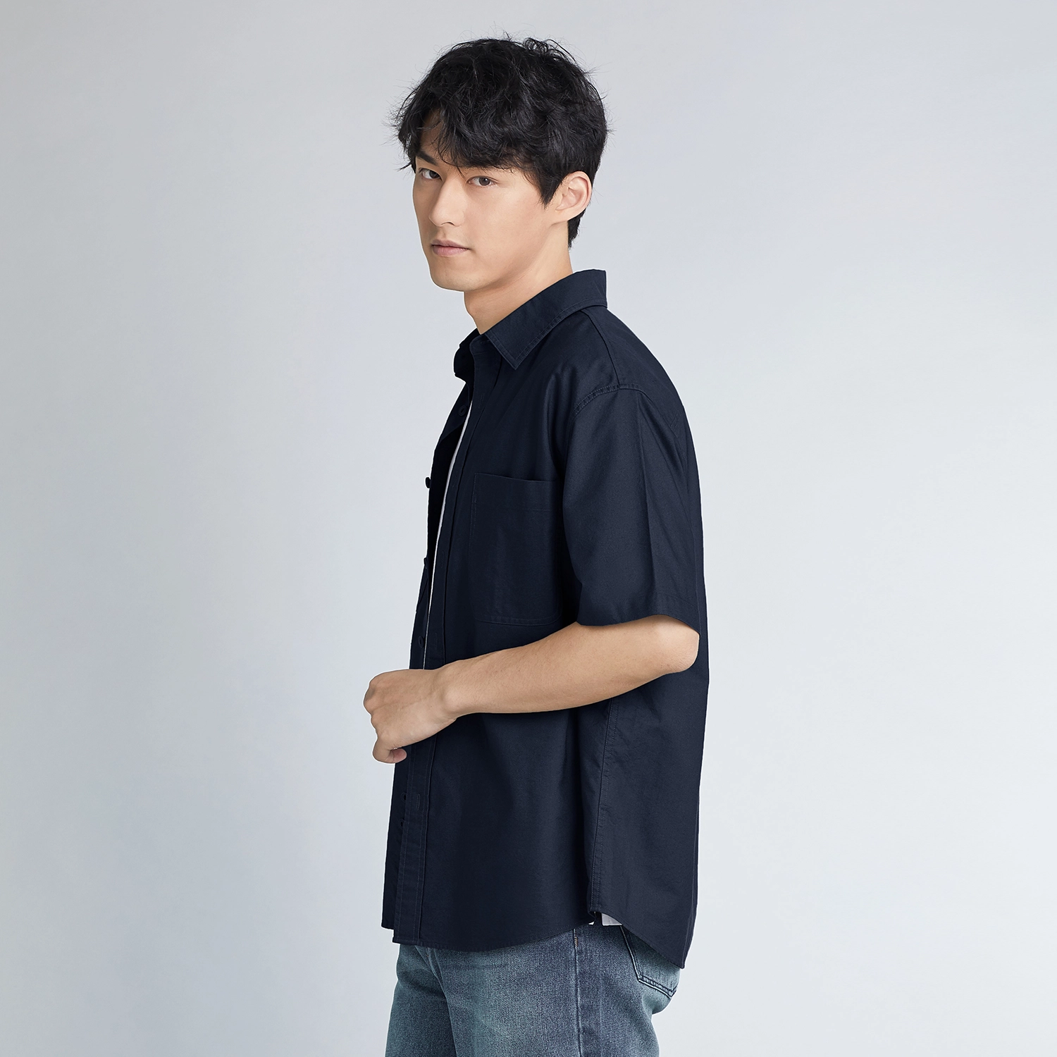 几朴 宽松落肩双口袋工装风短袖衬衫 男款