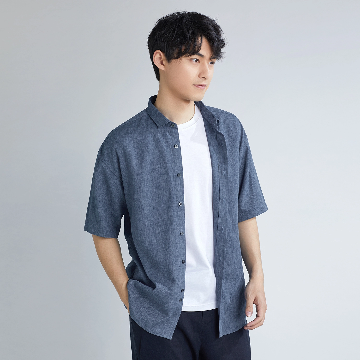几朴 宽松版小八领涤麻短袖衬衫 男款 灰蓝色